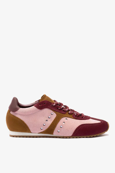 KALEAMYR Stella Sneaker In Tulip, Russet and Wine Suede and Silver Metallic Leather