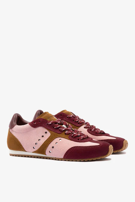 KALEAMYR Stella Sneaker In Tulip, Russet and Wine Suede and Silver Metallic Leather