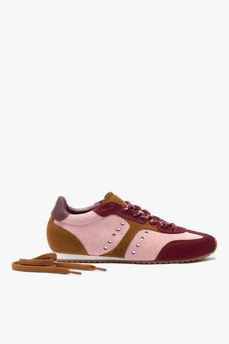 KALEAMYR Stella Sneaker In Tulip, Russet and Wine Suede and Silver Metallic Leather