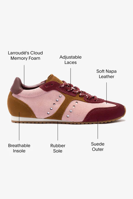 KALEAMYR Stella Sneaker In Tulip, Russet and Wine Suede and Silver Metallic Leather