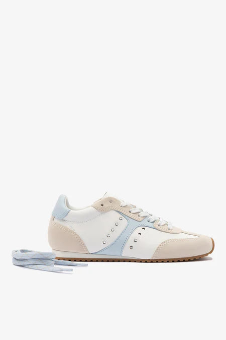 KALEAMYR Stella Sneaker In Grey Suede, White Leather and Silver Metallic Leather