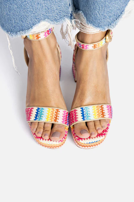 KALEAMYR Dolly Verona Low Sandal In Rainbow Raffia and Beige Leather