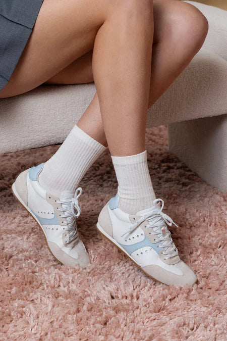 KALEAMYR Stella Sneaker In Grey Suede, White Leather and Silver Metallic Leather